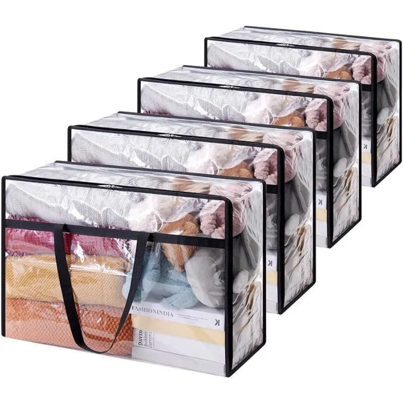 

4 Pack Clear Clothes Storage Bags, 60L Plastic Blanket Storage Bag, Vinyl Foldable Moving Bags with Zipper, Closet Organizers an