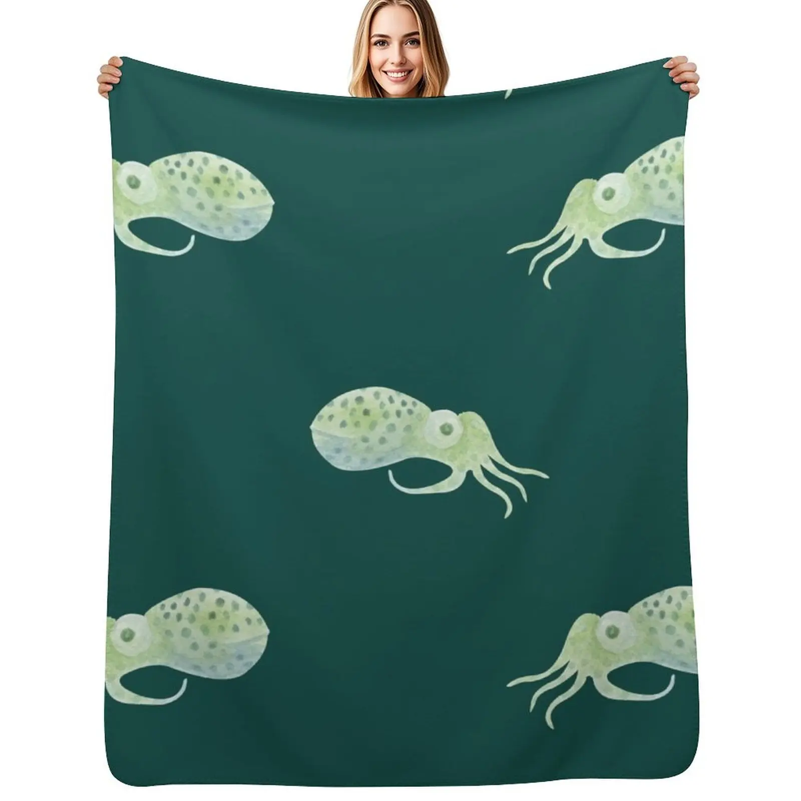 

Watercolor Bobtail Squid Throw Blanket Cozy Sofa Blanket for TV Watching Napping