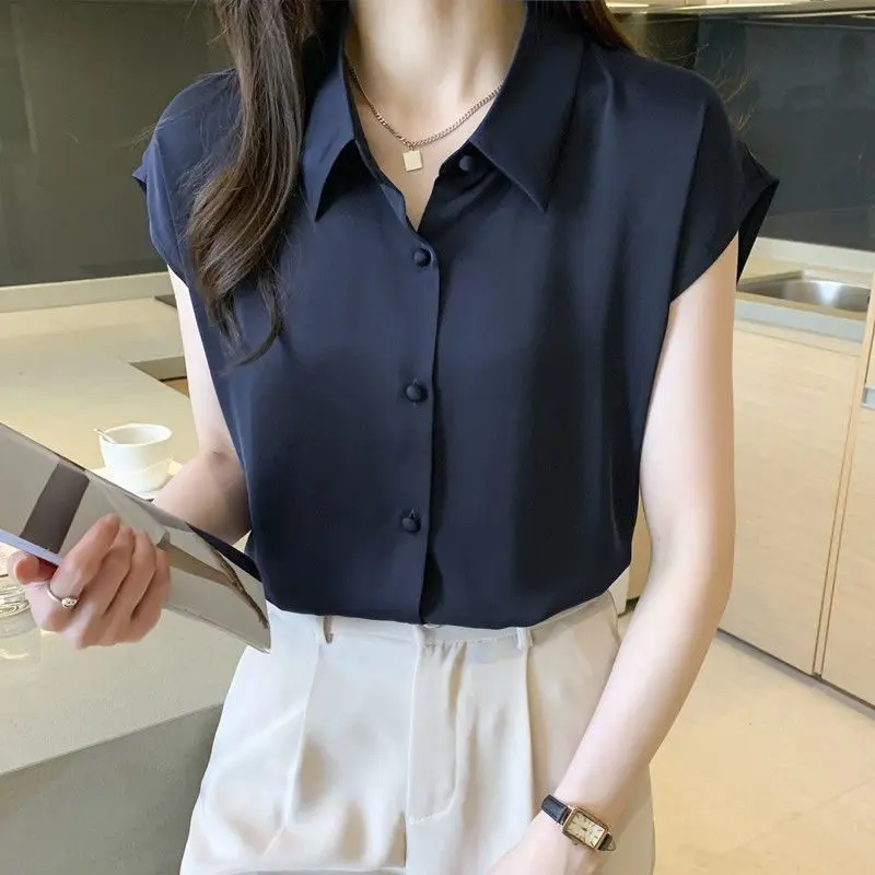 Summer New Slim Style POLO Collar Single Breasted Solid Sleeveless Fashion Commute Korean Version Professional Dress Thin Shirt