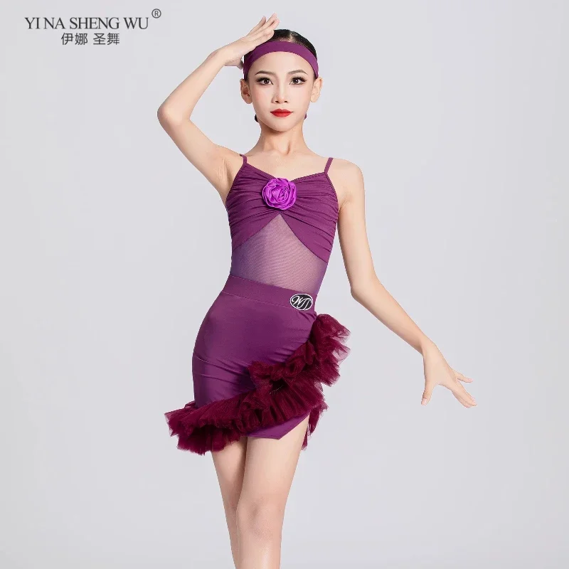 أزياء أداء الرقص اللاتيني للأطفال الفتيات الدانتيل الفتيات ممارسة السالسا السامبا مرحلة فستان أرجواني لعرض مسرح المنافسة