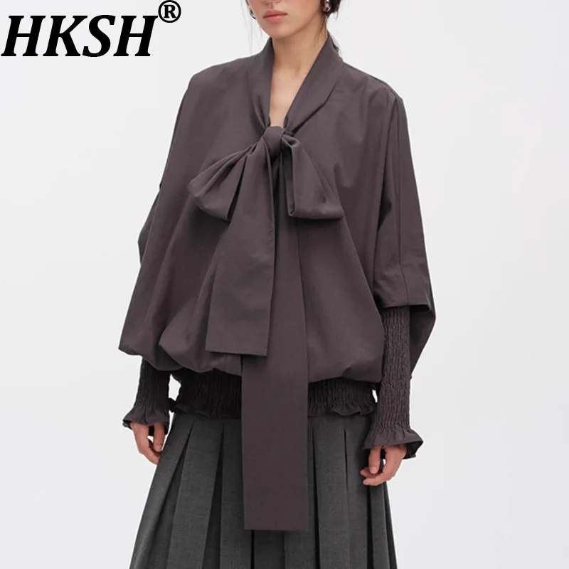 

HKSH Spring Autumn New Women's Shirt Korean Solid Color Flutter Collar Ruched Lantern Sleeves Elegant Tide High-end Tops HK14827