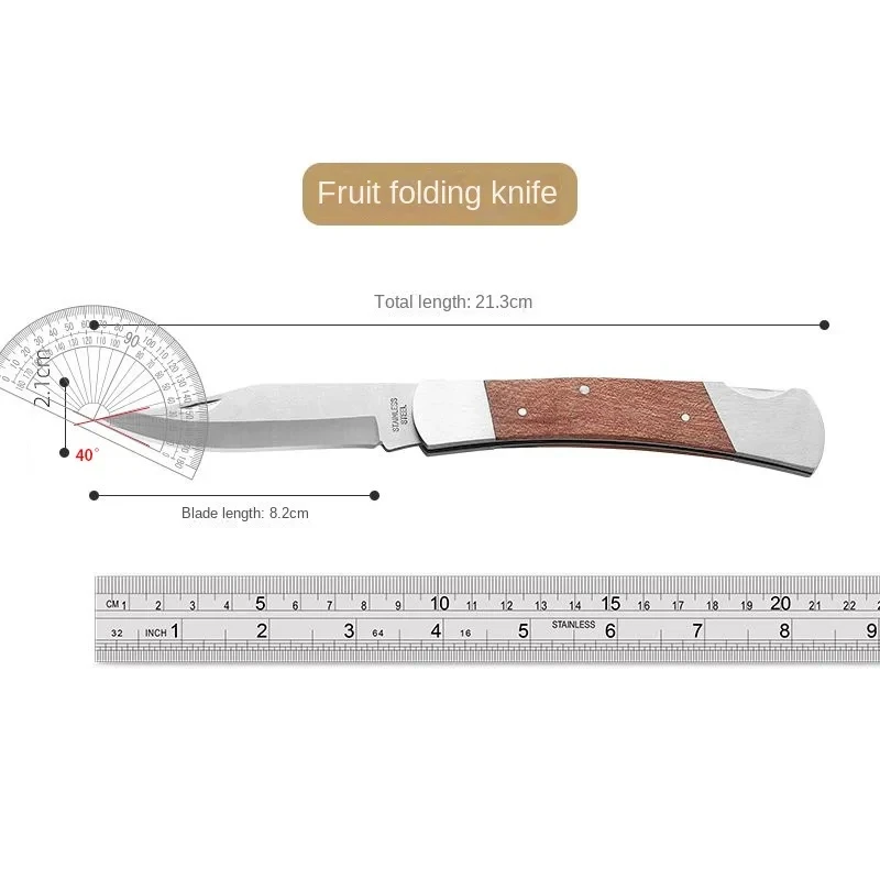 1pc，Household folding fruit knife, outdoor camping small mahogany handle knife, stainless steel portable folding knife