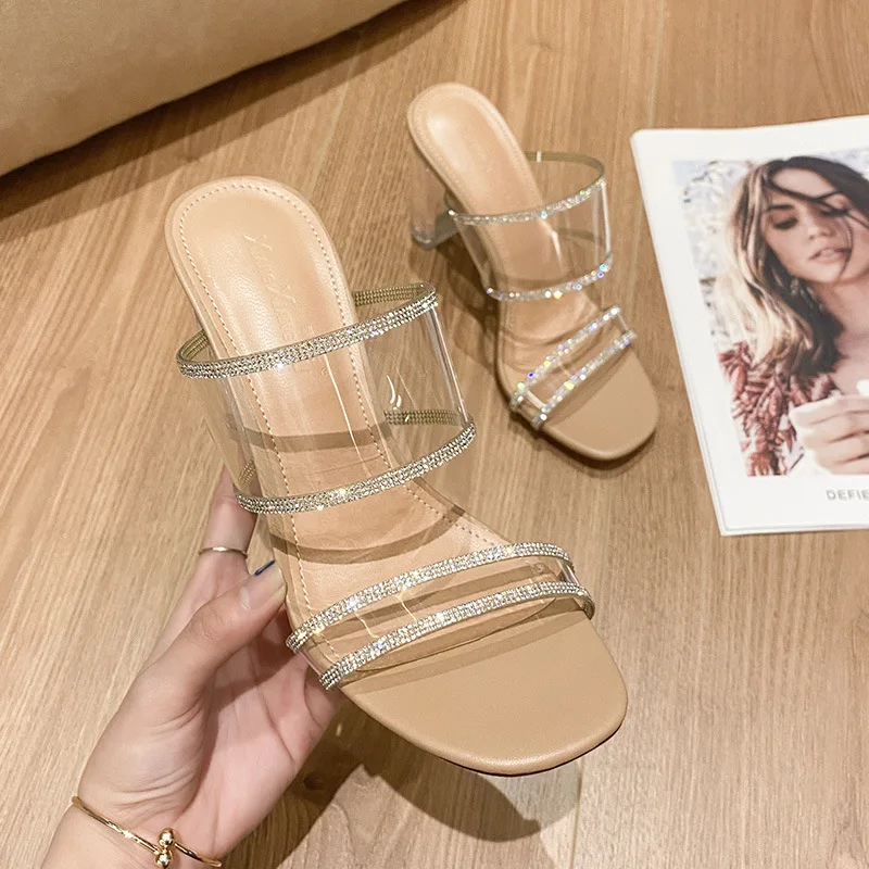 

Transparent Crystal Sandals Women's Sexy Thick Heel High Heels Crystal Shoes Outdoor Fairy Style Small Size 32 Large Size Sli...