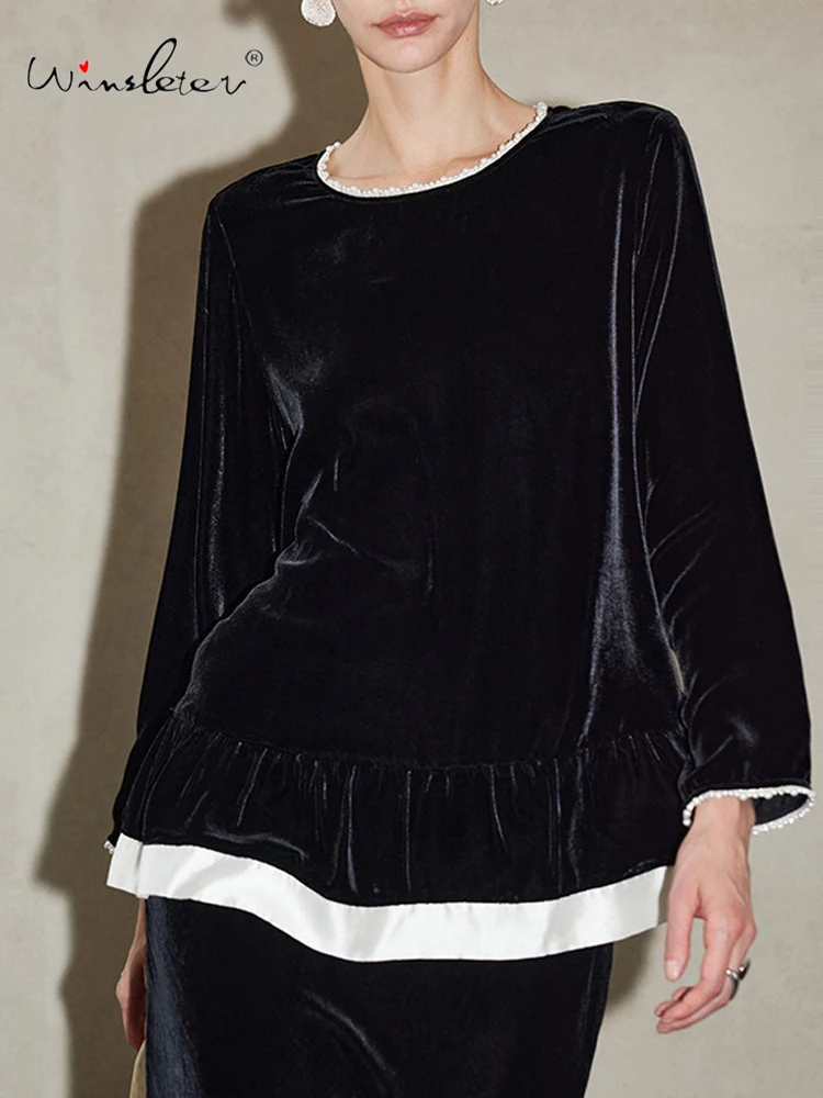 

Winsleter-Bottom 100%Real Silk Elegant Velvet T-shirt, O Neck Beading, Woman Retro French Loose Doll Top, 2026 Spring T61036CC
