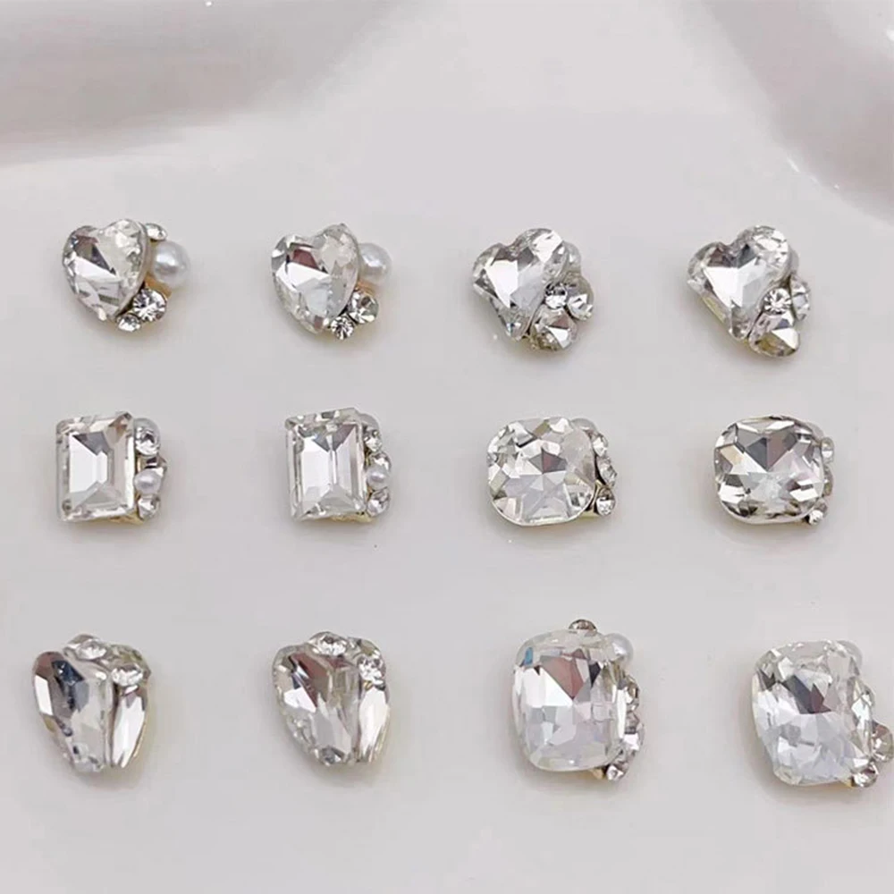 6 Grids Transparent Crystal Nail Pile Diamond Luxury Heart Square Nail Art Rhinestones Gems Sparkle Glass Nail Stones DIY Charms