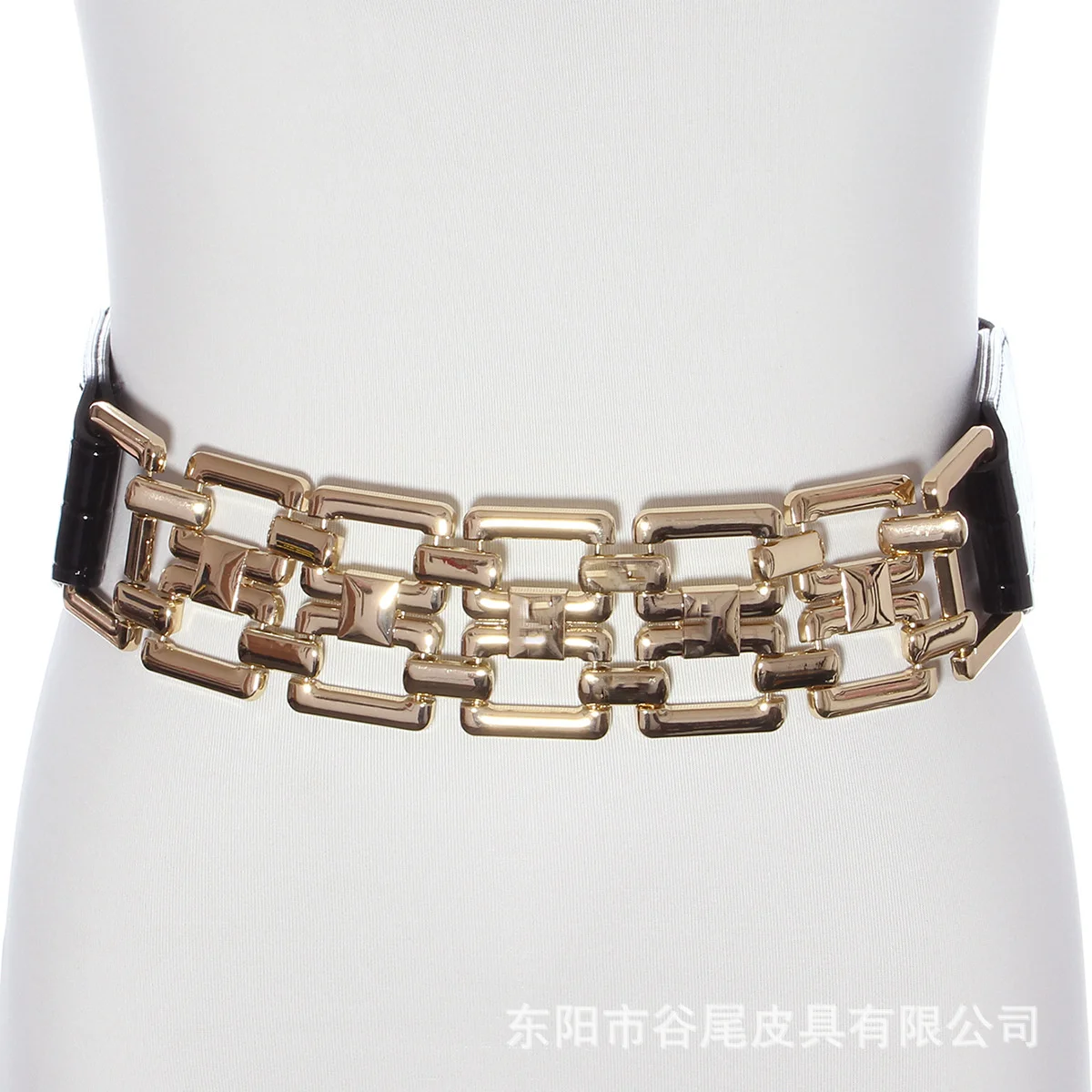 

2022 new boutique women's waistband metal chain decoration bright leather black alligator PU elastic waistband