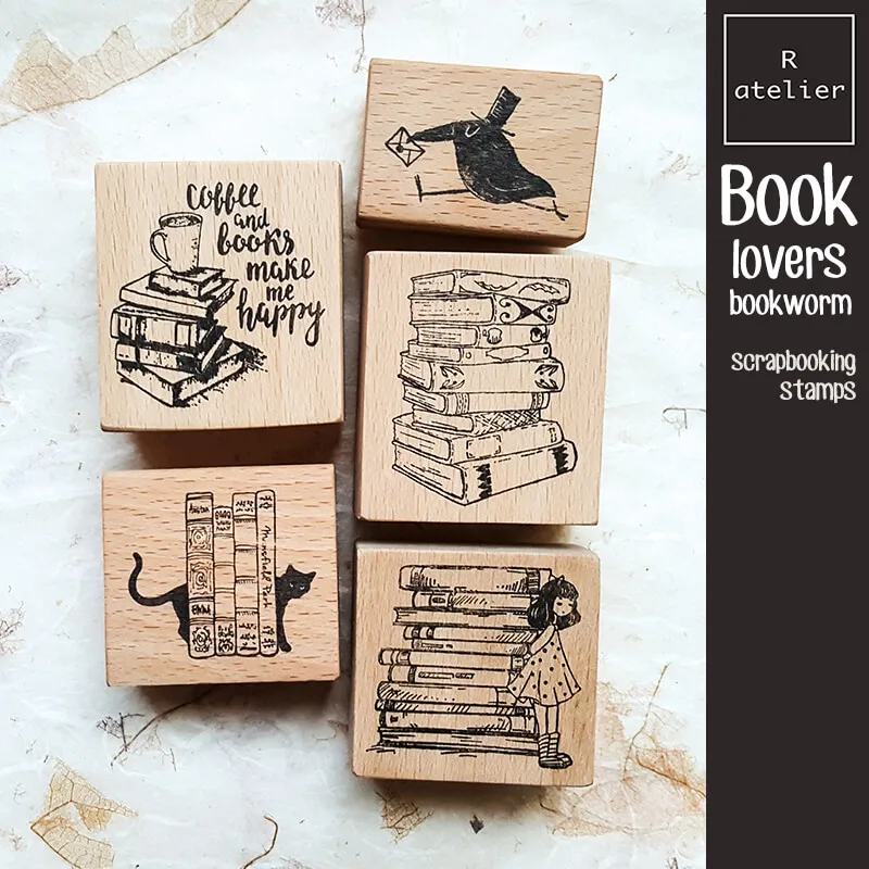 

Stamp Cute Scrapbooking Book Lovers 5 Type Bookworm Girl Cat Journaling Wooden Stamps
