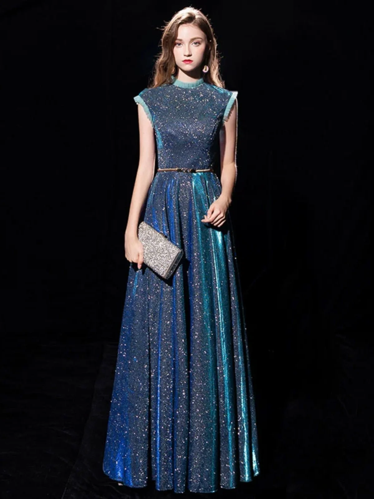 

Ele Blue Evening Gown for Women Princ Sle Long A-Line Skirt Suit for Banquet Wedding Date Cany Annual Meeting Per...