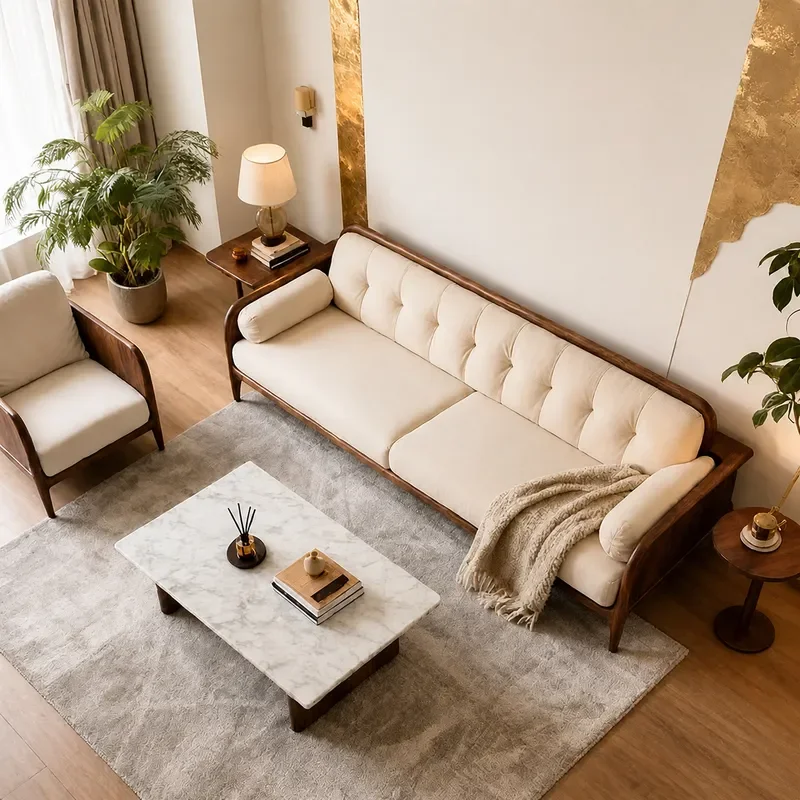 New Chinese Style North American Black Walnut Solid Wood Sofa Fabric Three Seater Living Room Coffee Table Furniture Casual