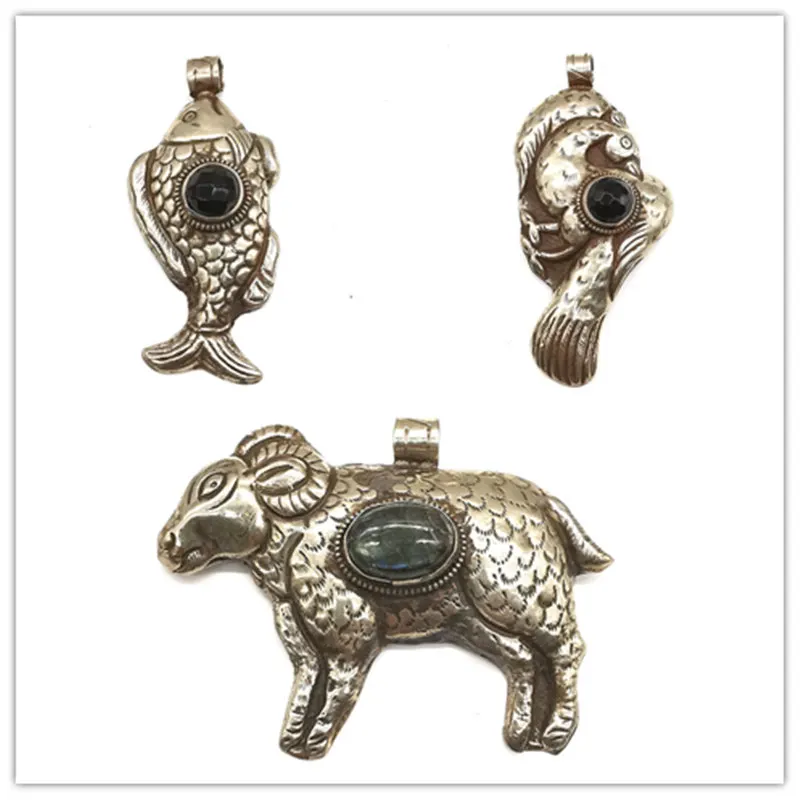 TBP690 Fine Handmade Jewelry Animal Figures Collection Elephant Sheep Bird Fish Big Pendants Copper Inlaid Semi-precious Stone