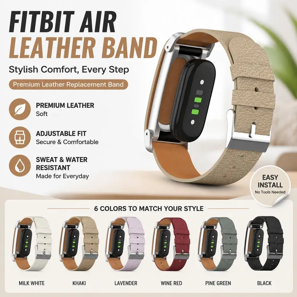 Leather Watch Strap For Google Fitbit Air Premium Litchi-Pattern Cowhide Replacement Wristband Sport Watch Band Accessory