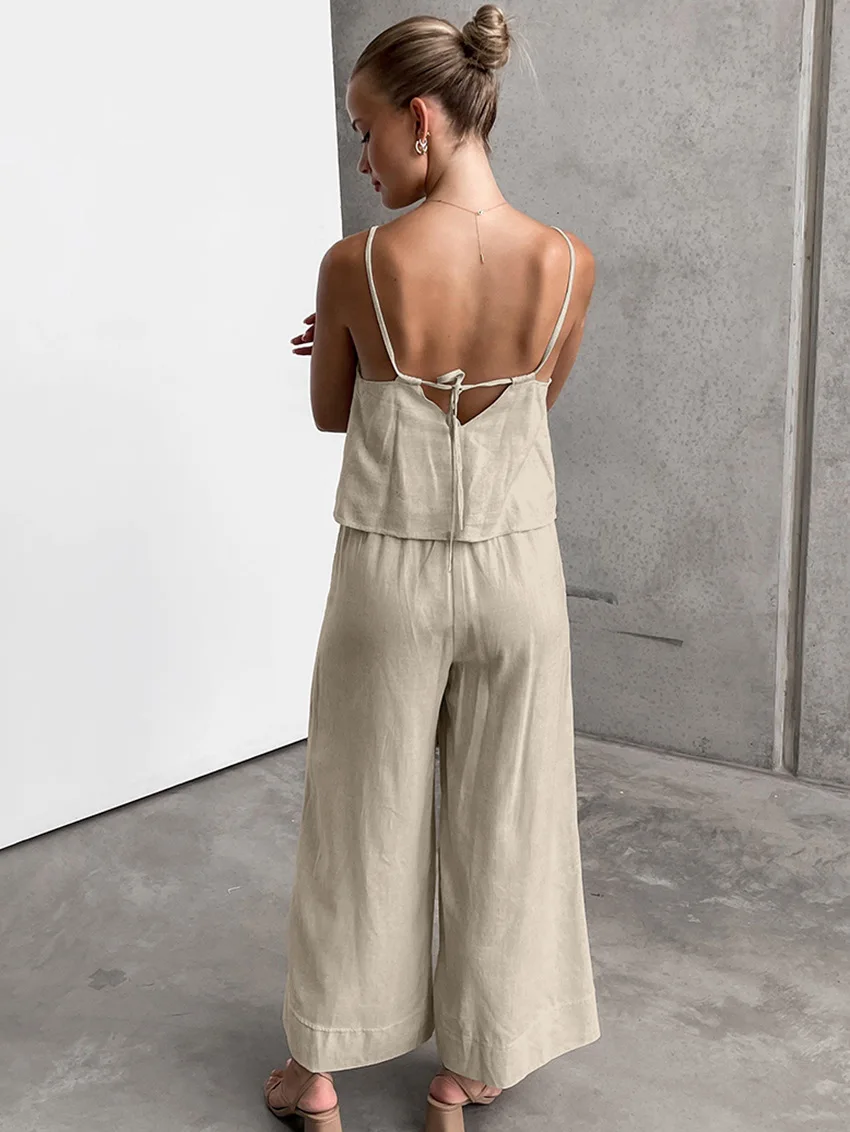 womens casual cotton linen two piece spaghetti strap backless tank top lace up wide leg long pant outfits