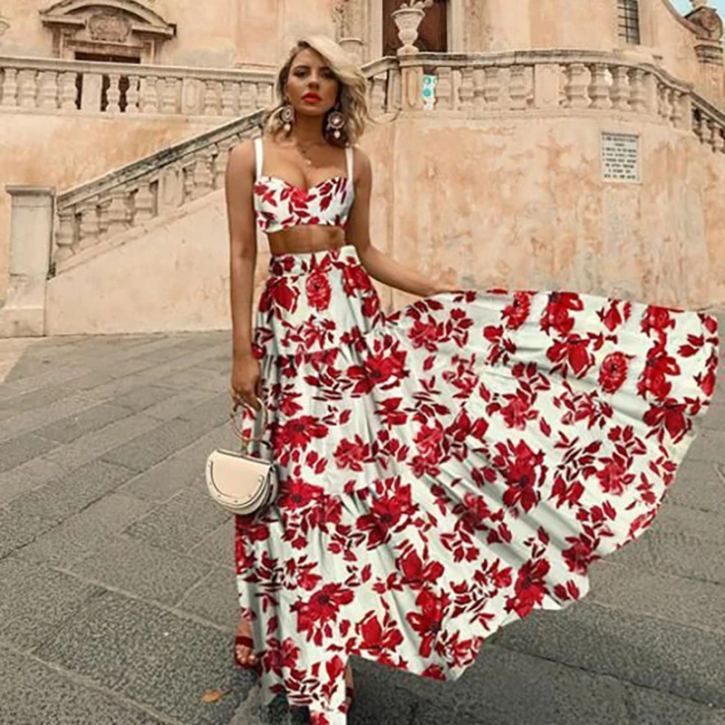 Plus Size Women Boho Dress Two Piece Set Floral Long Maxi Dress Casual Loose Vintage Print Pad Crop Top Summer Beach Dress 2022