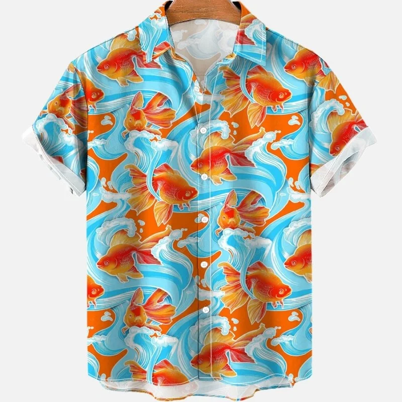 Hawaiian Summer Floral Koi Fish Shirt For Men\'s Casual Social 3D Short Sleeve Street Carp Luxury Outdoor Top Imported Clothing