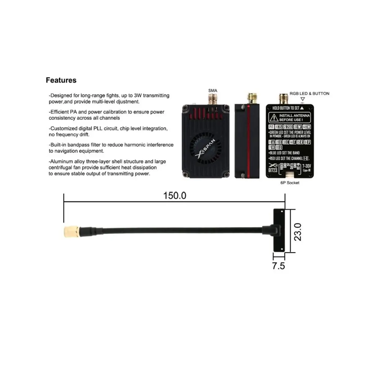 6.1G-7.2G 3W Video Transmitter with Omni Directional Antenna for FPV Long Range Drone RC Parts HD VTX Module