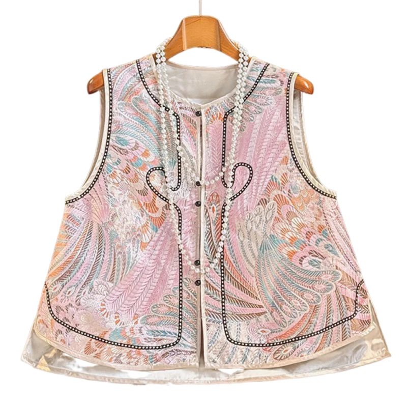 الأزهار المطرزة الجاكار سترة المرأة الرجعية الصينية خمر العرقية نمط بلوزات بلا اكمام المتضخم