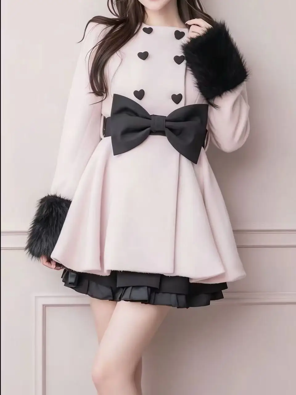 Japanese Elegant Lolita Woolen Dress Y2K Sweet Heart Button Bubble Sleeves Plush Cuffs Big Bow Coat Harajuku Kawaii Winter Wear