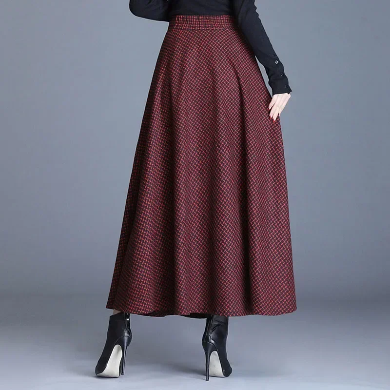 Korean Style Autumn/Winter Woolen Skirt for Women, Elegant Plaid Flared Skirt with Elastic Waistband and Pockets