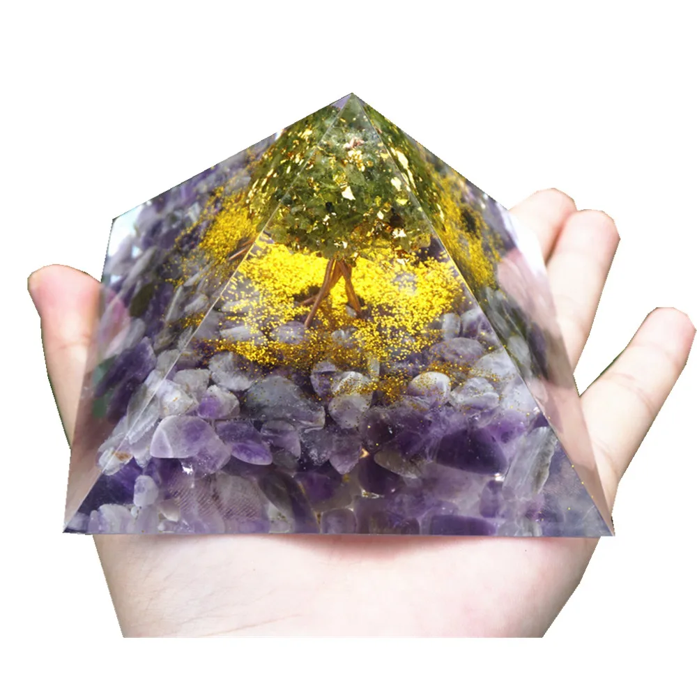 9.5CM Large Tree of Life Orgone Pyramid Peridot Amethyst Crystal Energy Healing Chakra Reiki Orgonite Pyramide