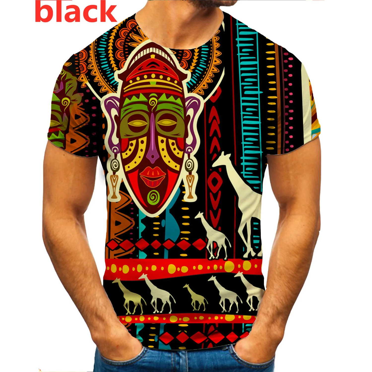 

Men's Fashion Africa Native Print Short Sleeved T-shirt Tops Summer Harajuku Culture T-shirts