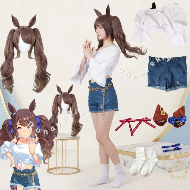 Disfraz de Cosplay Uma Musume Tosen Jordan Pretty Derby, Conjunto de Shorts de Mezclilla Desgastados de Cintura Alta, Top Corto para Danza del Vientre, Halloween