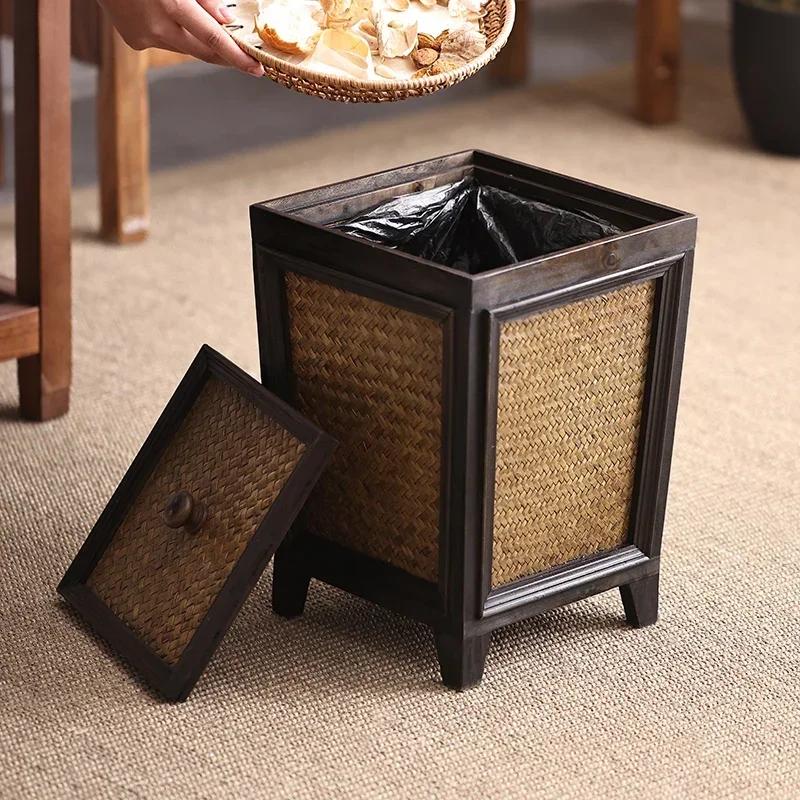 

Wastebasket Living Room Antique Bamboo Bin Garbage Basket with Lid Household Solid Wood High-value Trash Can