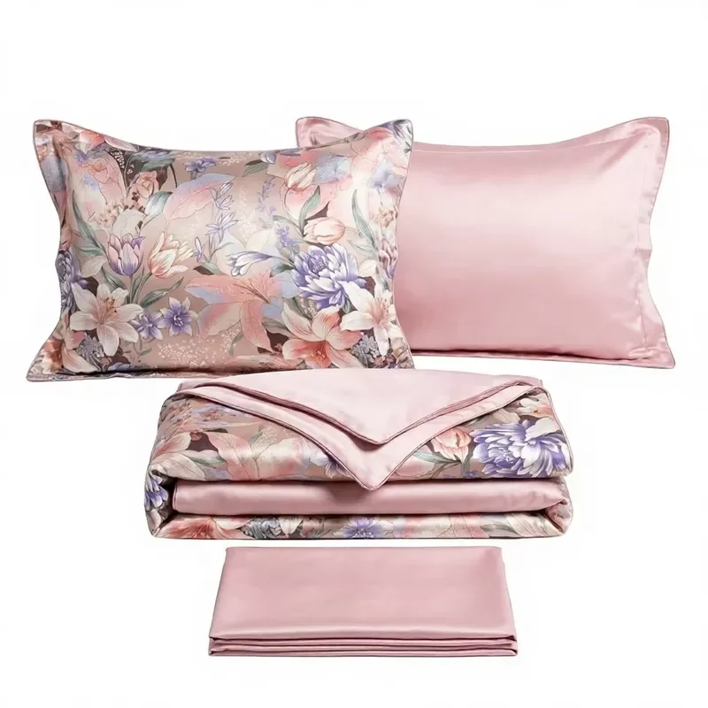 Double-Sided Mulberry Silk Bedding Set Floral Printed Four-Piece Sheet Set Silky Soft Duvet Cover Home Hotel Use