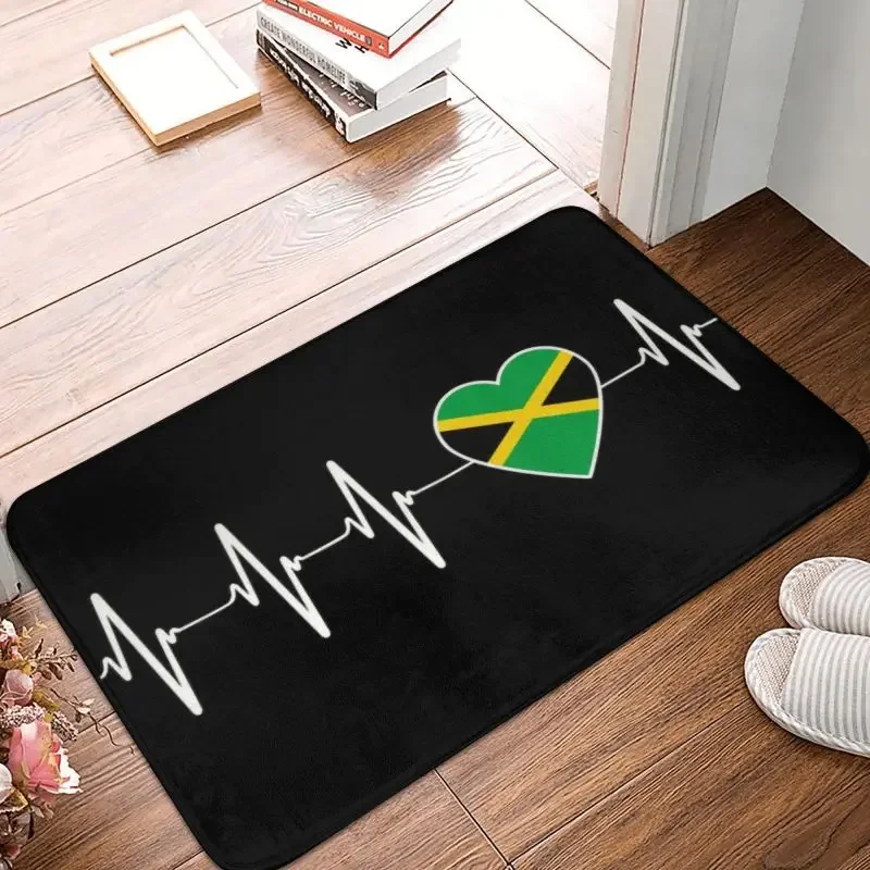 Jamaican Heartbeat Jamaica Country Flag Heart Front Door Mat Anti-Slip Outdoor Absorbent Doormat Garage Entrance Rug Carpet