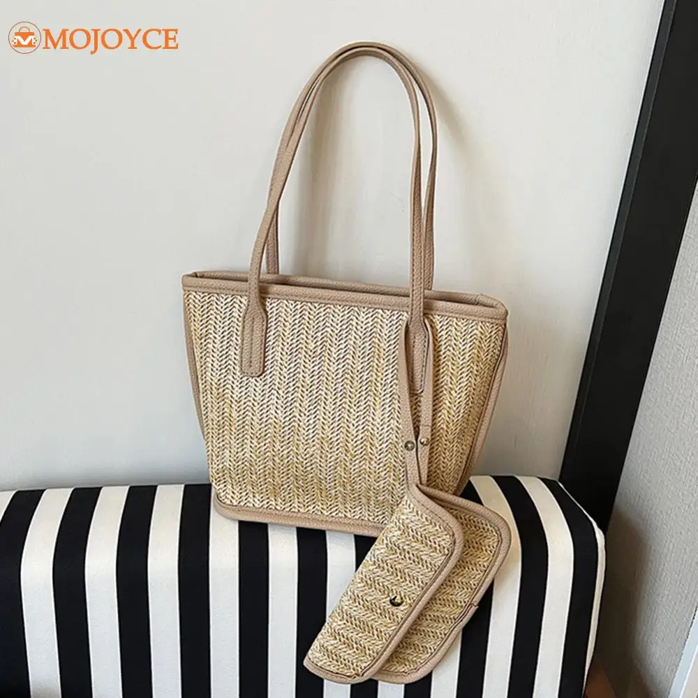 

Women Straw Beach Bag Large Woven Tote Handbag with Small Purse Hobo Top-Handle Bags Woven Shoulder Purse Travel Underarm Pouch