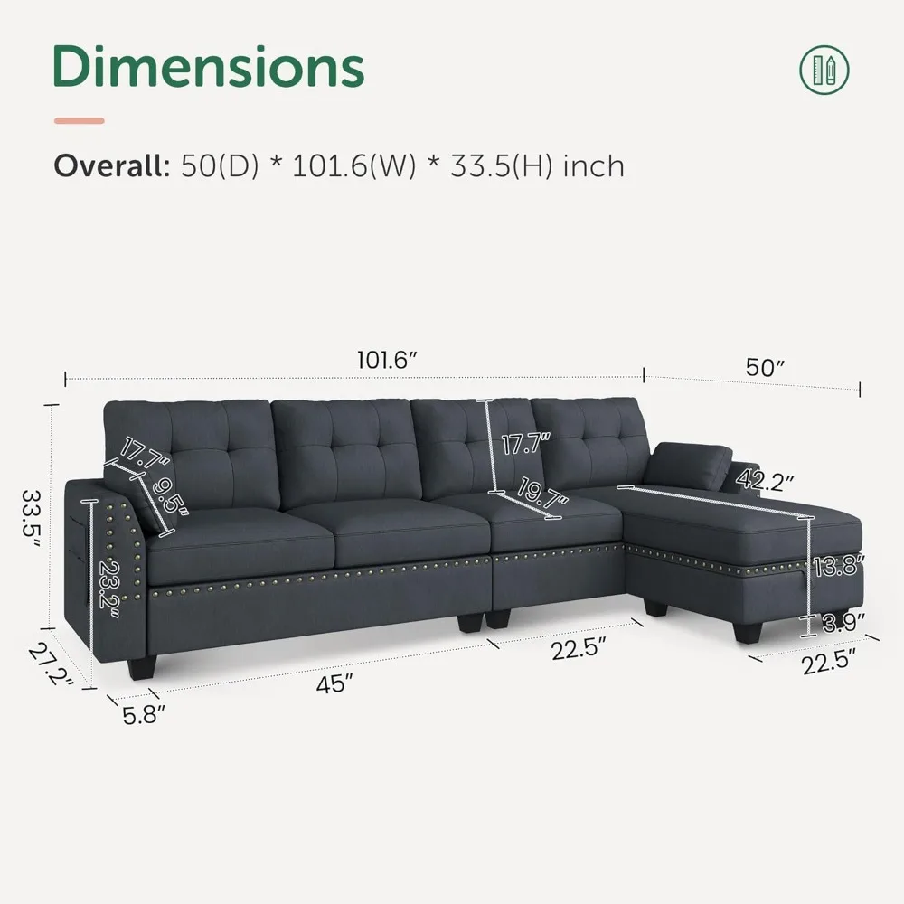 Convertible Sectional Sofa L Shaped Couch Reversible Sectional for Small Apartment,50"D x 101.6"W x 33.5"H, Living Room Sofas image 3