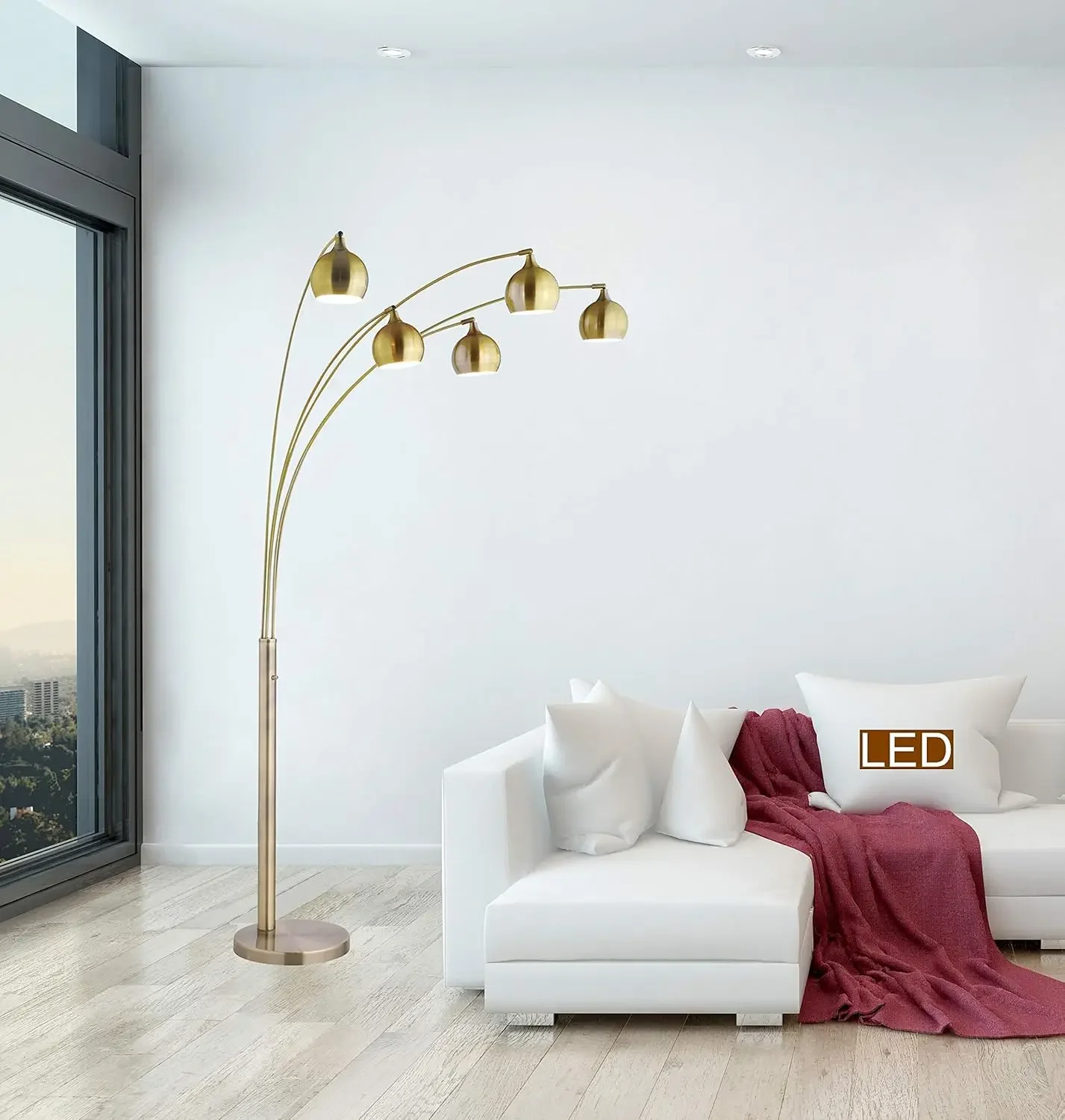 USA-Arched LED-Stehlampe mit Dimmer, Antik-Satin-Messing