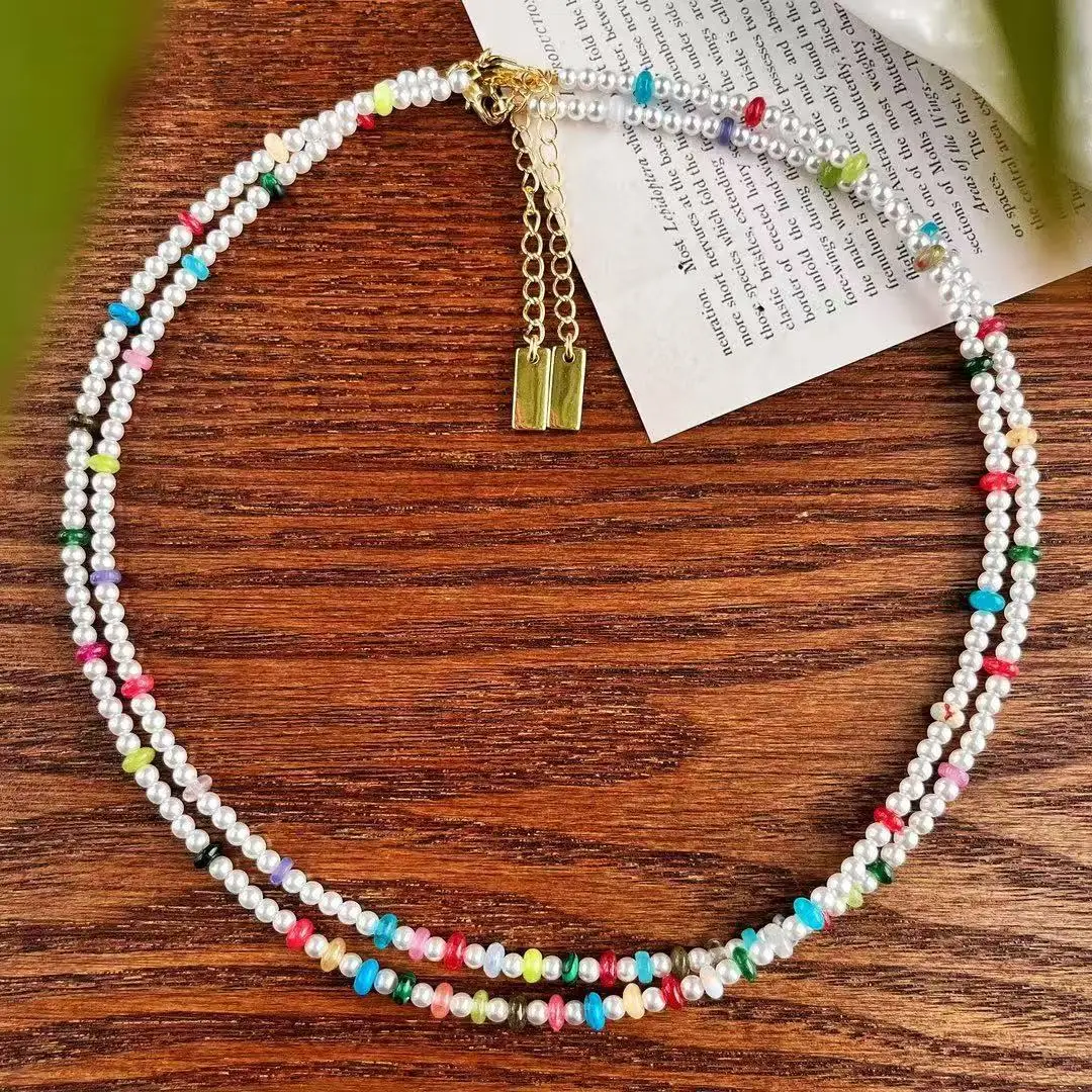 Everyday Joy: Vintage Dopamine Multicolor Quartzite & Faux Pearl Choker, Happy Color Necklace for Effortless Style