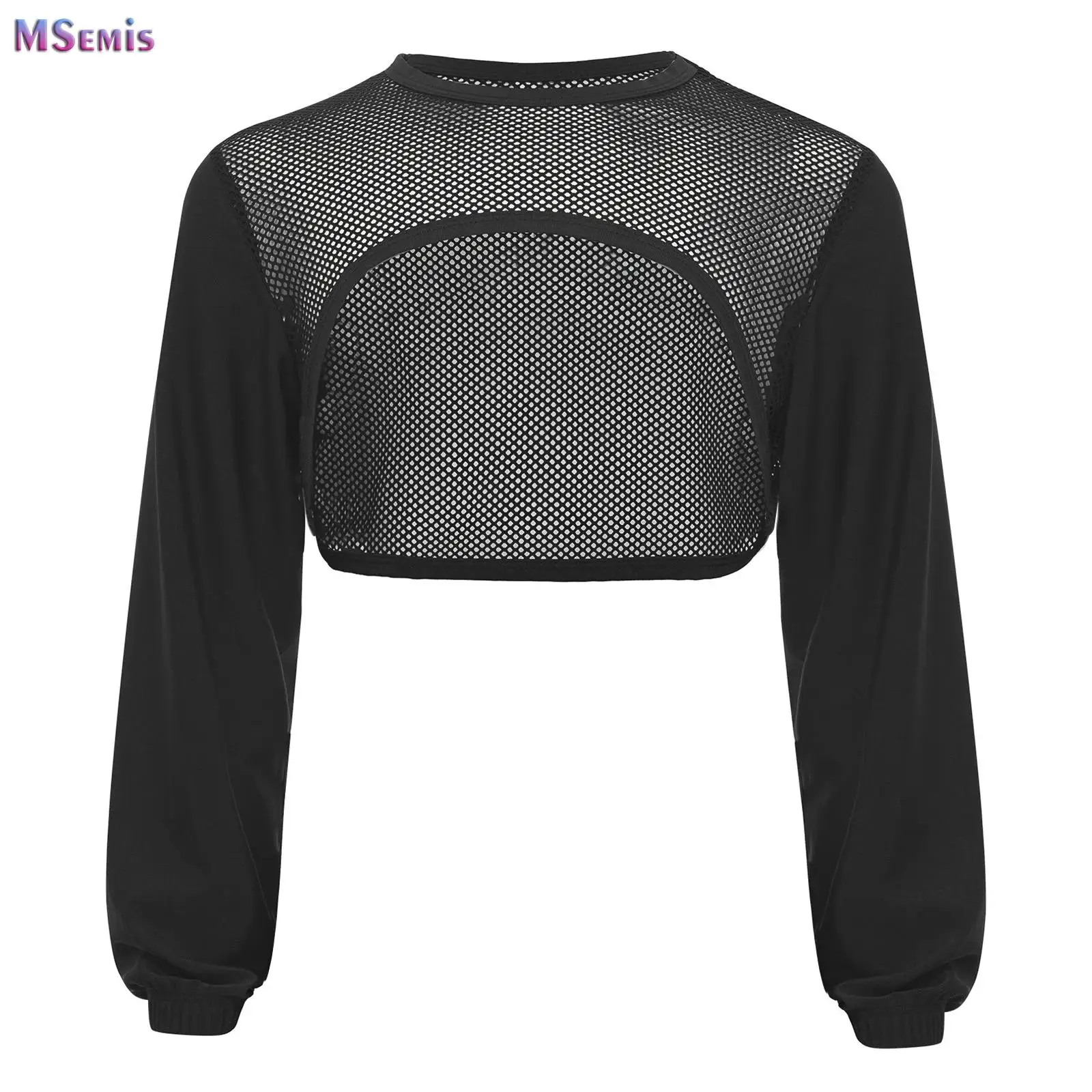 

Big Girls Hip-Hop Jazz Street Dance Performance Costume Long Sleeve Mesh Crop Top Asymmetrical Hem Hollow Out Sports Vest