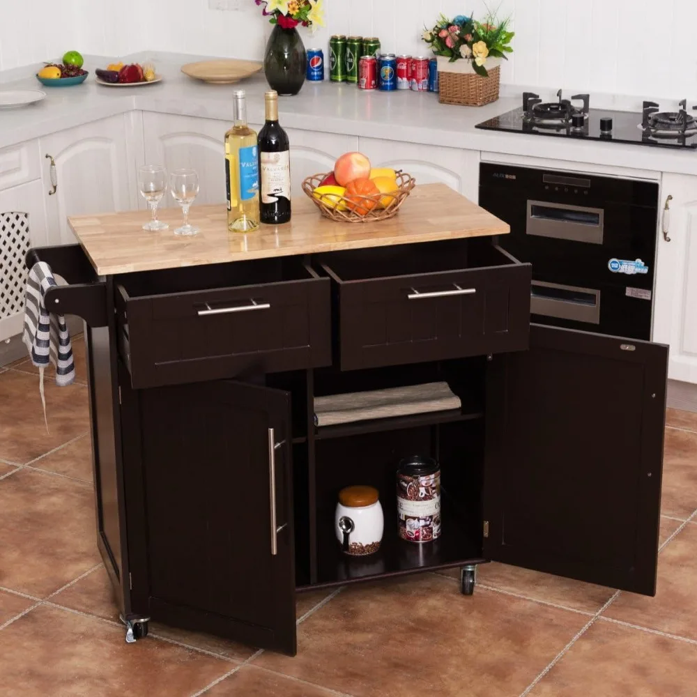 

Furniture Kitchen Island on Wheels with Storage Drawers & Cabinets, Lockable Serving Trolley, Rolling Mobile Kitchen Cartw