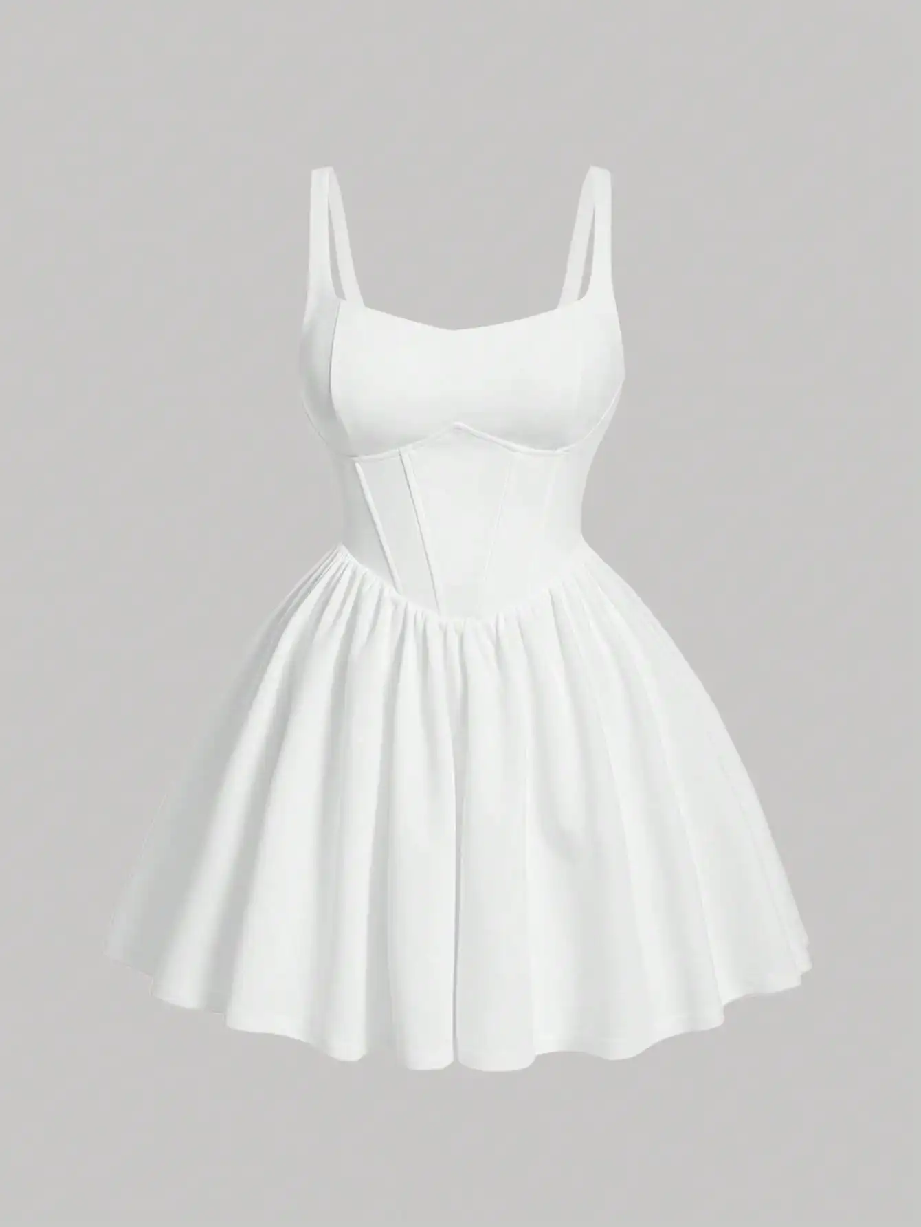 

White Solid Corset-Style Cami Dress with Flared Skirt for Graduation or Party