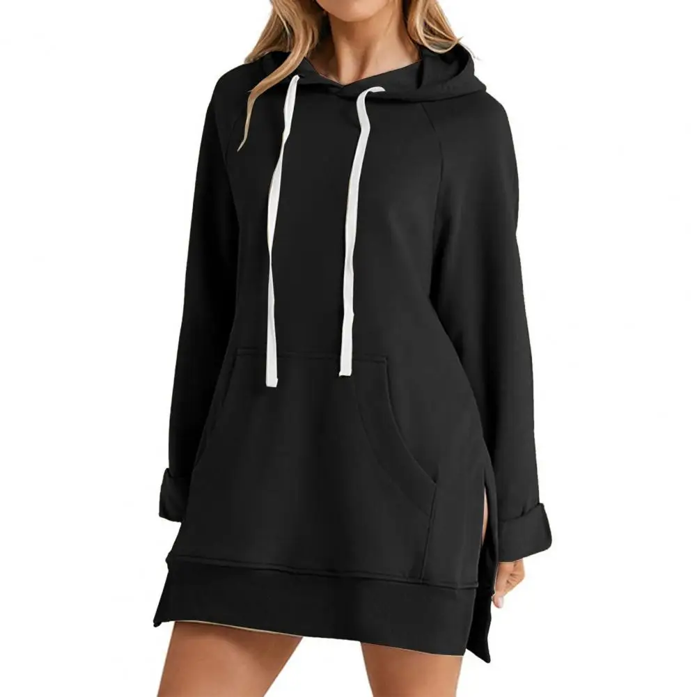 Fashion Trend Ladies Solid Color Loose Casual Pullover Sweatshirt Long Sleeve Split Hem Hoodie Dress With Pocket Dama