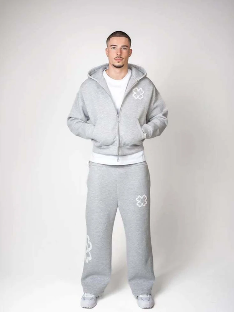 Olivgrünes Street-Style-Hoodie- und Hosen-Set für Herren, lässig, locker, 2-teilig, bestickter Reißverschluss, Sportbekleidung, Mode