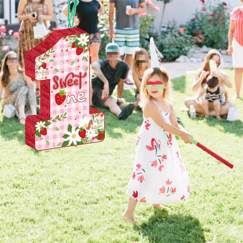 

Strawberry Pinata with Stick Blindfold Baby 1st Birthday Party Pinata Strawberry Theme Candy Gift Props Batting Game Decoration