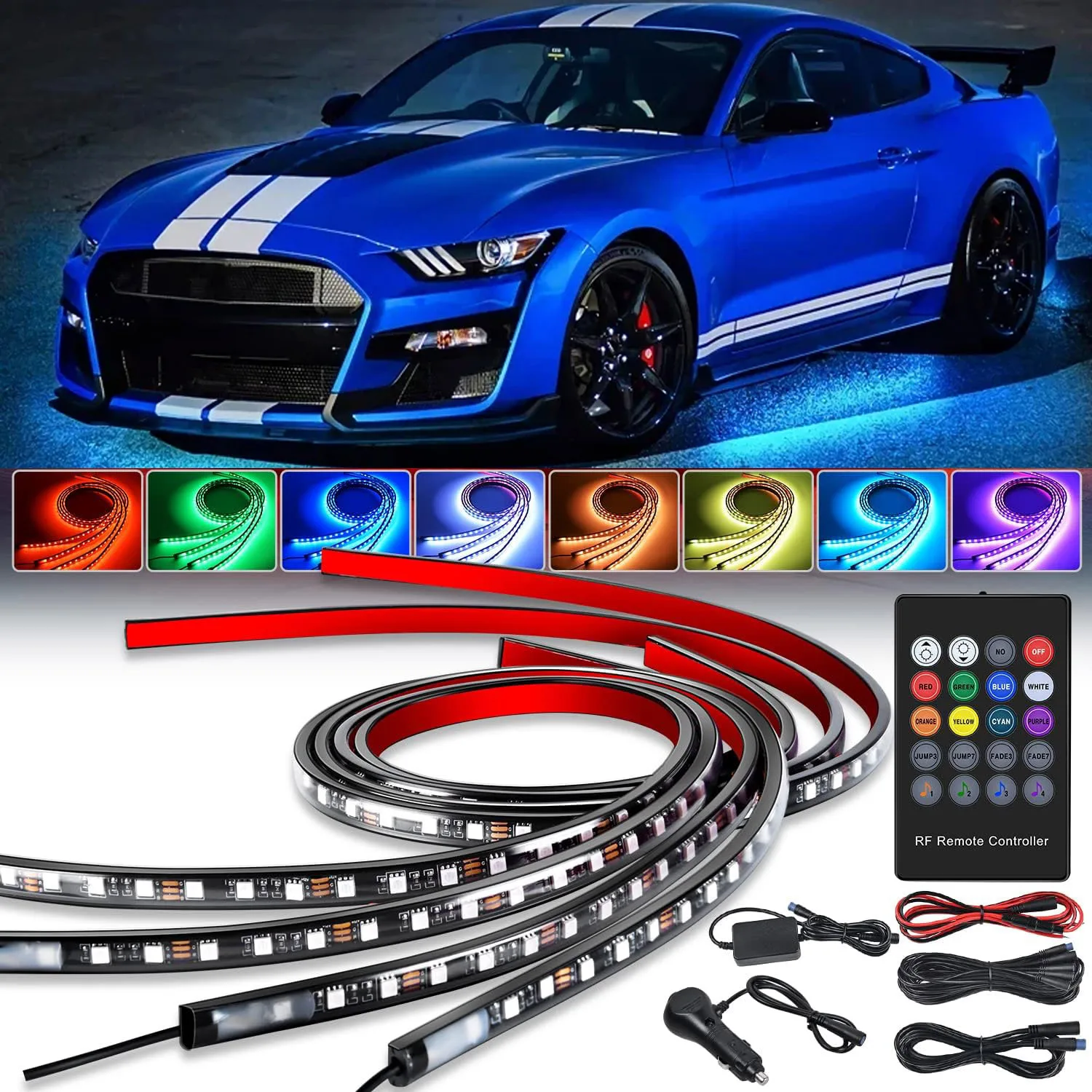 Neon LED RGB Car Underglow Bottom Light Remote/APP Control Waterproof Underbody Lamp Strip For Ford Mustang SN95 S550 GT Mach-E