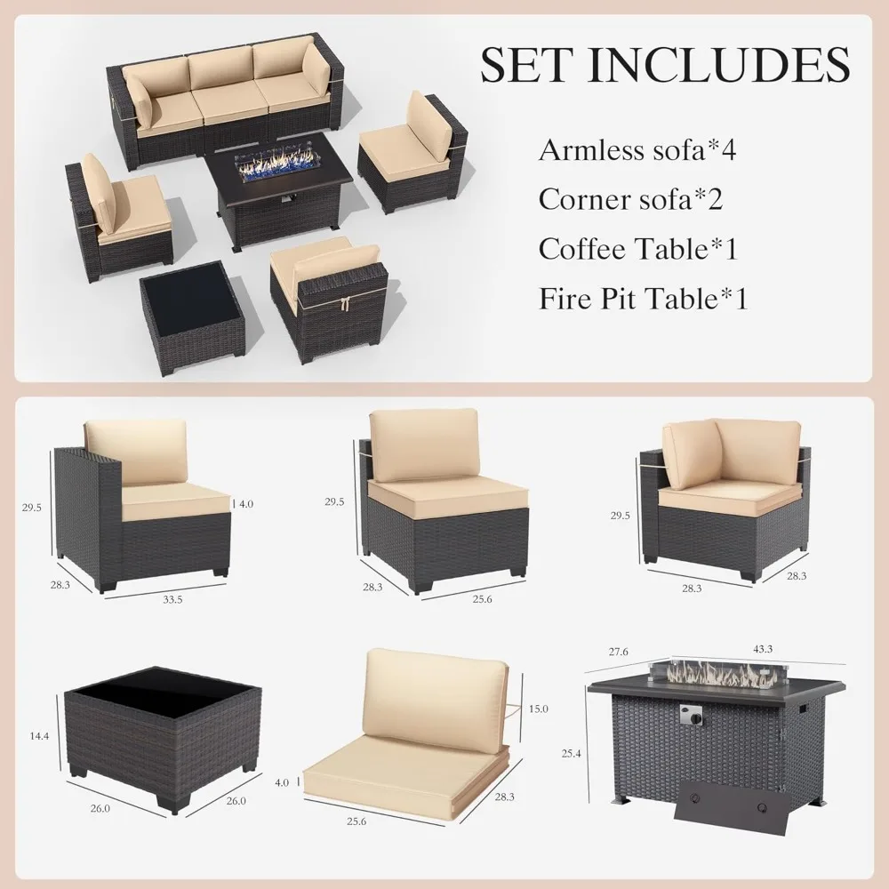 8 Piece Outdoor Sectional Sofa Set with 43in Gas Fire Table, 55,000 BTU Auto-Ignition Firepit W/Glass Wind Guard