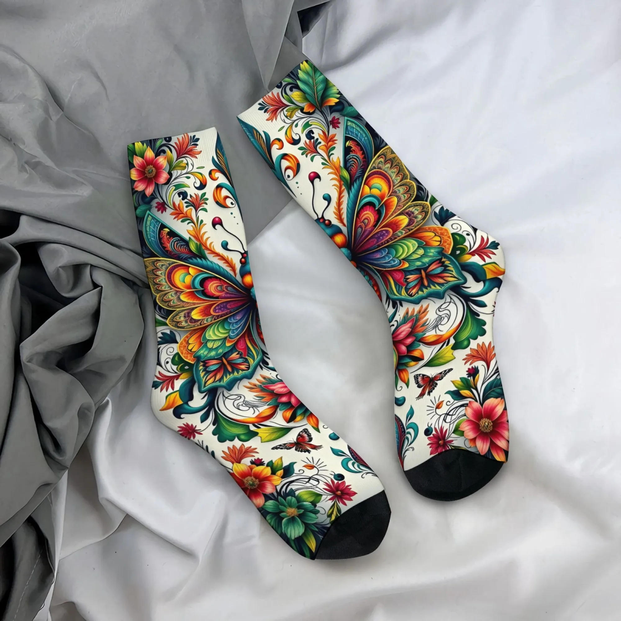 

Gorgeous Butterfly and Floral Decorative Print Mid-calf Socks Off-white Colorful Retro Bohemian Style Soft Comfortable Socks