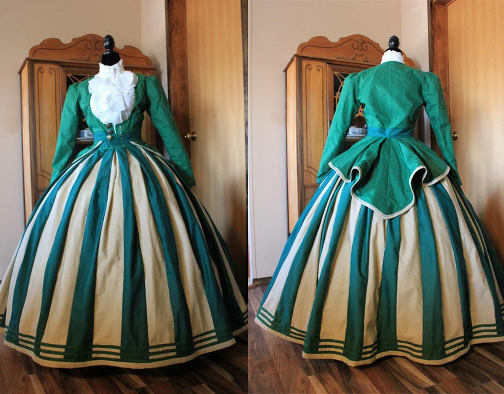 1800s Fashion Edwardian Costume Victorian Era Dress Green Striped Civil War Tea Gown Custom Made