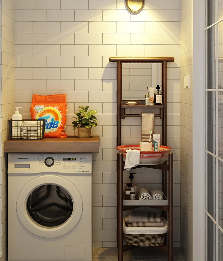 

Solid Wood Multi-Functional Floor Home with Mirror Washbasin Stand Simple Modern Washstand