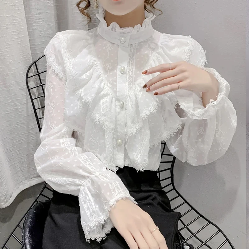 Fashion Ruffle Stitching Long Sleeve Shirts Elegant Lace Chiffon Blouse Loose Korean Style Stand Collar Pleated Top Blusas 15832