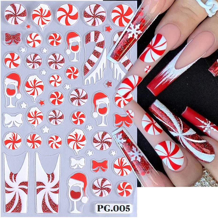 5D Red White Glitter Threaded Christmas Nail Stickers Snowflake Candy Cane Snowman Cookie Man French Plaid Sweater Winter Decor