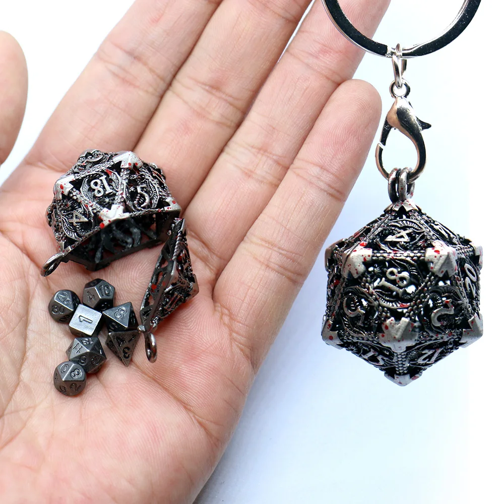 D20 Hohlbox aus Metall + 7-teiliges Würfelset aus Metall, tragbares Brettspielwürfel-Mini-Set – Detail 7