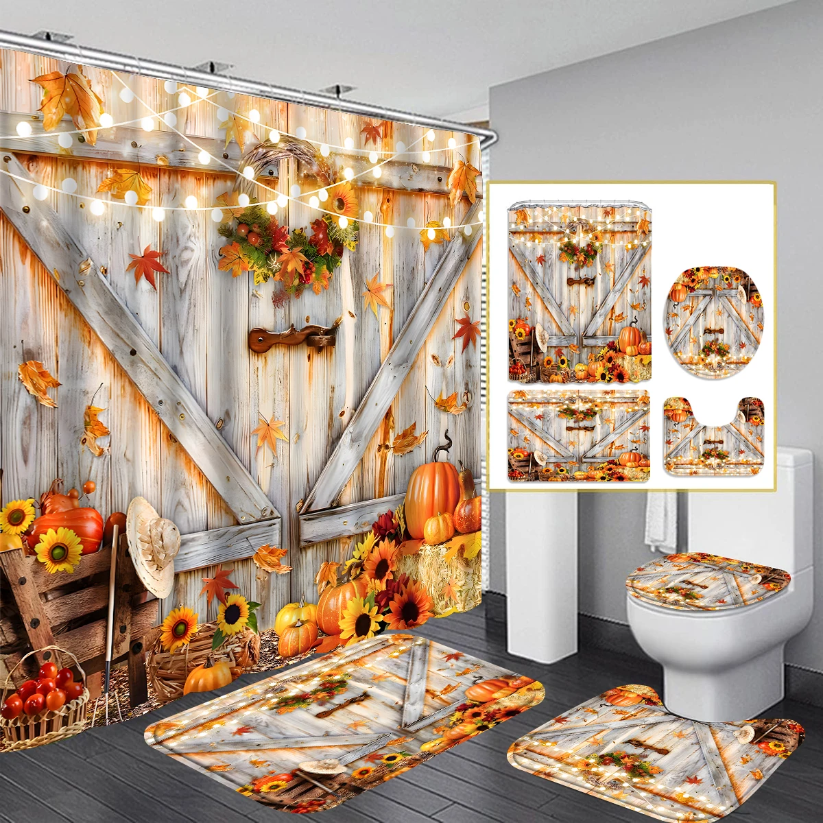 1/4 Piece Shower Curtain Set, Waterproof Bathroom Partition Curtain with Hooks, Anti-Slip Bath Rug, U Shape Mat, Toilet Seat Cov