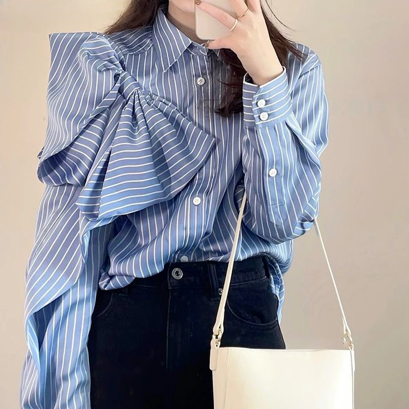 KUSAHIKI Elegant Bowknot Striped Women Blouses Korean Long Sleeve Turn-down Collar Top Shirt Autumn 2023 New Camisas Mujer 6X513