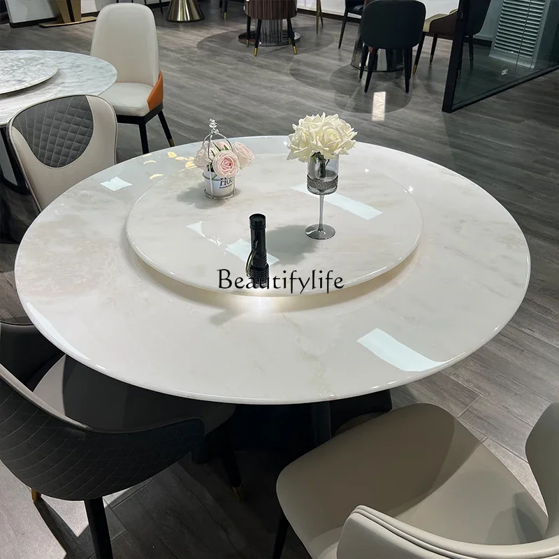 

5Natural luxury stone with turntable round dining table modern simple household Italian light luxury marble