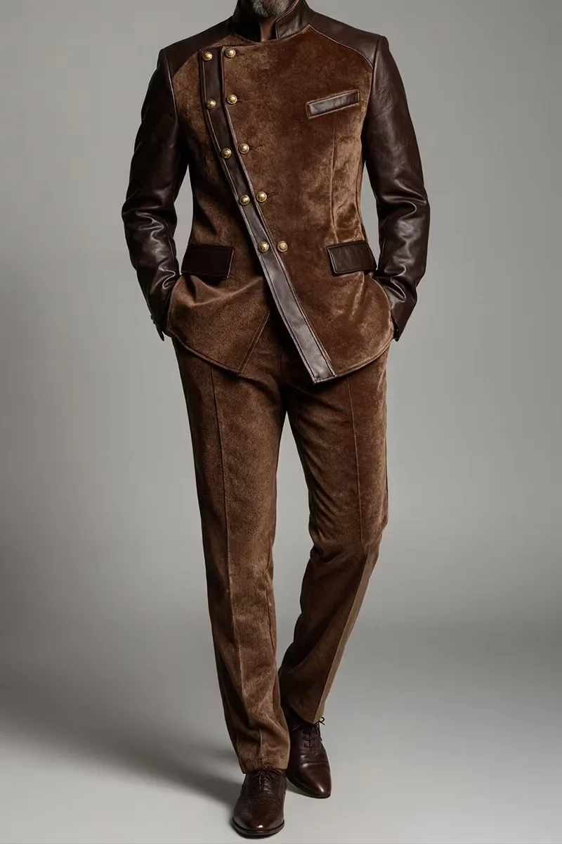 Vintage Men Jacket Pants Set Velvet Leather Patch Stand Collar Diagonal Button Formal Party Wear Customized 2 Piece Casual Suits